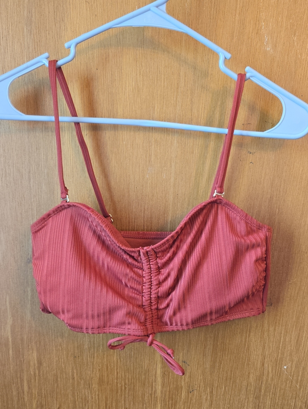 No Boundaries Rust Orange Ribbed Swim Top with Ruched Front